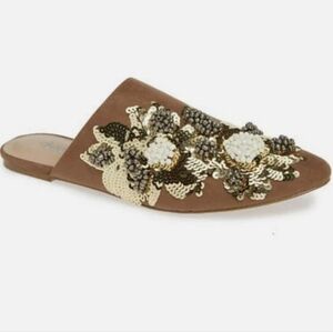 Charles David Fickle Slip-On Mules w/ Gold and Cream Beaded Floral Accents